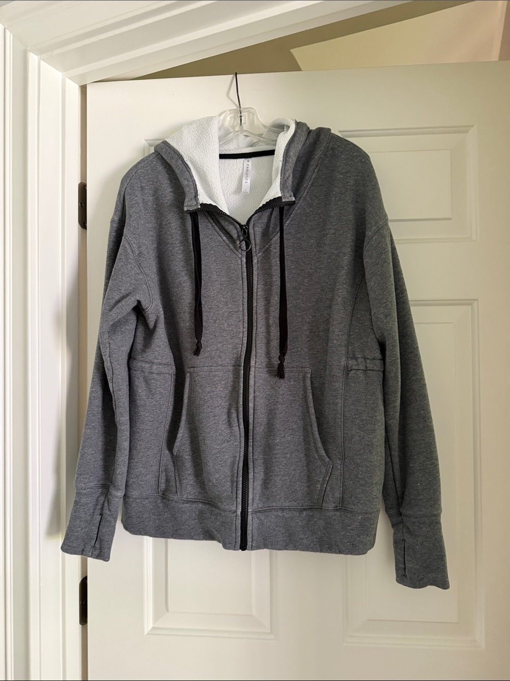 Fabletics Gray Zip-Up Hooded Bomber Jacket with White Sherpa Lining